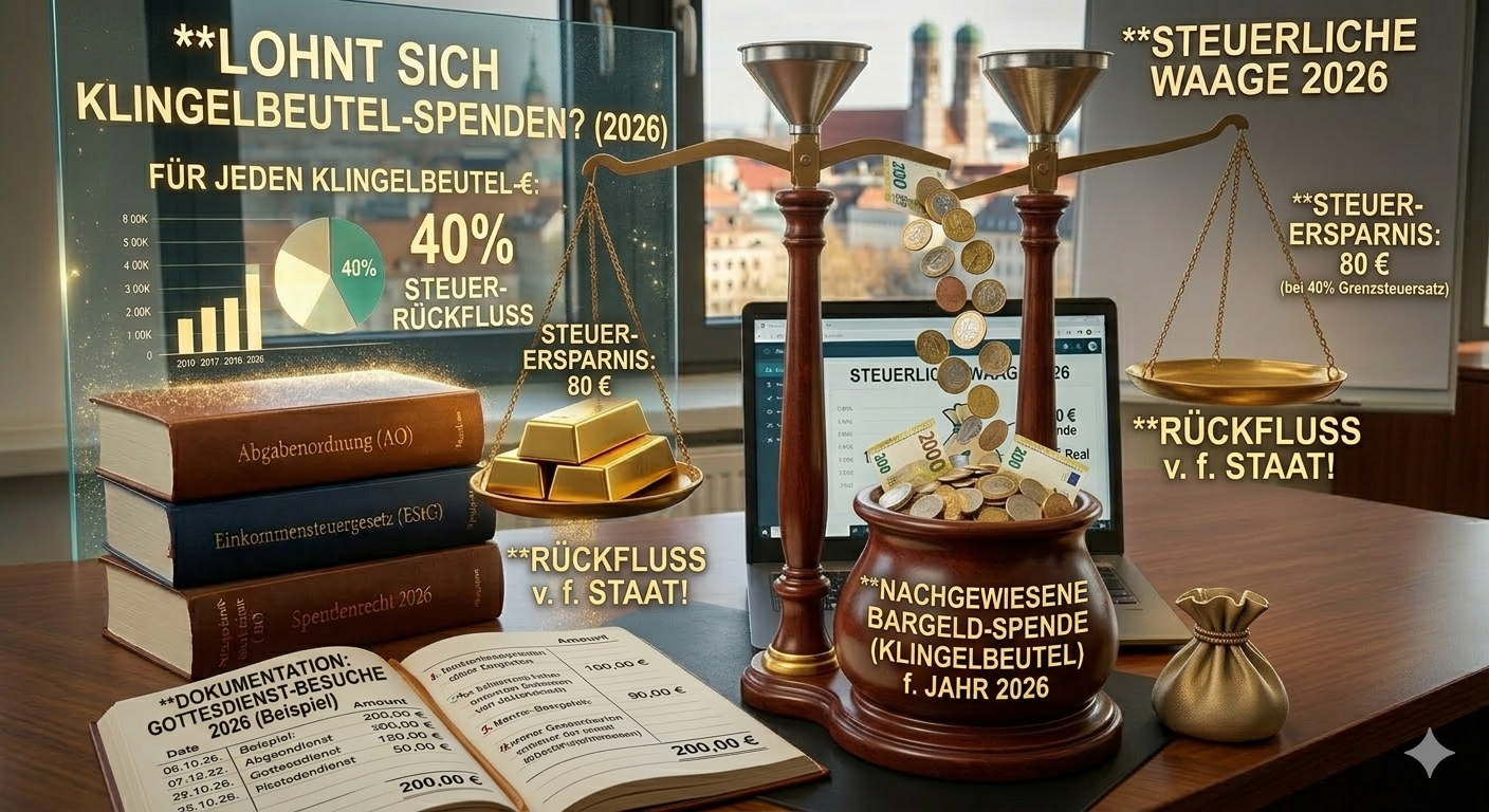 Bargeld in der Kirche Wann das Finanzamt Klingelbeutel-Spenden ohne Quittung anerkenntDer sonntägliche Griff in den Geldbeutel, um Münzen oder Scheine in den Klingelbeutel zu werfen, gehört für viele Kirchgänger zur Tradition. Doch während jede überweisene Spende an eine gemeinnützige Organisation sauber belegt wird, stellt sich bei Bargeld-Gaben im Gottesdienst oft die Frage Kann ich diese Spende steuerlich absetzenDie Antwort ist ein klares „Ja, aber“. Das deutsche Steuerrecht ist hierbei zwar streng, bietet aber für den Sonntagsgottesdienst eine pragmatische Ausnahme, die Sie für das Jahr 2026 kennen müssen.Das Grundproblem Der fehlende NachweisGrundsätzlich verlangt das Finanzamt für den Sonderausgabenabzug nach § 10b EStG einen formellen Beleg – die Zuwendungsbestätigung. Bei einer Anonym-Spende im Klingelbeutel kann die Kirchengemeinde keine Quittung auf Ihren Namen ausstellen. Sie weiß schlichtweg nicht, wer das Geld gegeben hat.Früher galt daher oft Kein Beleg, kein Abzug.Der Sonderfall Die „Klingelbeutel-Regel“Um diesen unbefriedigenden Zustand für Kirchgänger zu beheben, haben sich die Finanzverwaltung und die großen Kirchen auf eine Vereinfachung geeinigt Die Anerkennung von nachgewiesenen regelmäßigen Spenden bis zu einer bestimmten Jahreshöchstgrenze – auch ohne Einzelquittung.Für das Steuerjahr 2026 gilt diese Grenze bundesweit bei 200,00 Euro pro Person und Jahr. Für Verheiratete, die zusammen veranlagt werden, verdoppelt sich dieser Betrag auf 400,00 Euro.Experten-Tipp Bis zu diesem Betrag wird das Finanzamt Ihre Angaben in der Steuererklärung (Anlage Sonderausgaben) in der Regel ohne Rückfragen akzeptieren, solange keine gegenteiligen Anhaltspunkte vorliegen.3 Schritte So setzen Sie die Barspende rechtssicher abAuch wenn Sie keine Quittung brauchen, müssen Sie die Gaben gegenüber dem Finanzamt glaubhaft machen. Ein simples Angeben eines Betrags aus dem Kopf reicht im Ernstfall nicht. Folgen Sie diesem PfadGlaubhaftmachung Führen Sie ein kurzes, formloses Protokoll oder eine Excel-Tabelle. Notieren Sie das Datum jedes Gottesdienstbesuchs, den Betrag und den Namen der Kirche.Buchungsbeleg (Kontoauszug) Wenn Sie regelmäßig Bargeld abheben, um es im Gottesdienst zu geben, legen Sie diese Kontoauszüge bei einer Rückfrage vor. Dies belegt, dass Sie über die entsprechenden Barmittel verfügten.Die Abgrenzung (Brutto vs. Netto) Wenn Sie einen Sonderausgabenabzug von 200 € geltend machen, ist das der Betrag, den Sie tatsächlich gespendet haben (Netto). Ihre Steuerersparnis errechnet sich dann aus Ihrem persönlichen Grenzsteuersatz (z. B. bei 40% Steuersatz = 80 € Ersparnis).Was Sie vermeiden sollten (Die Stolpersteine)StolpersteinKonsequenz 2026Pauschaler Ansatz Sie geben 200 € an, gehen aber nur 2x im Jahr in die Kirche.Das Finanzamt kann die Glaubhaftmachung verweigern.Geldspende-Beleg (Quittung) Sie fordern eine Quittung für eine Klingelbeutel-Gabe.Die Kirchengemeinde wird dies ablehnen, da Anonymität gewahrt bleiben muss.Auslands-Bargeld Sie spenden Bargeld in einer Kirche im EU-Ausland.Der Klingelbeutel-Sonderfall gilt nur für deutsche steuerbefreite Religionsgemeinschaften.FazitDie 200-Euro-Regel für Klingelbeutel-Spenden ist ein Vertrauensvorschuss des Staates. Nutzen Sie diese Vereinfachung, indem Sie Ihre Gottesdienstbesuche und Spendenbeträge gewissenhaft notieren. Für höhere Beträge oder Großspenden nutzen Sie bitte weiterhin die Überweisung mit formeller Zuwendungsbestätigung.